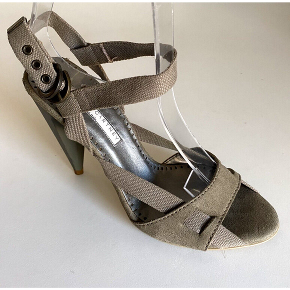 STELLA MCCARTNEY Sandal Open Toe Ankle Strap Suede Canvas Buckle Cone He… - Picture 1 of 11